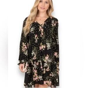 Everly Hanna Black Floral Short Dress Top V-Neck Long Sleeve Bohemian Women's M